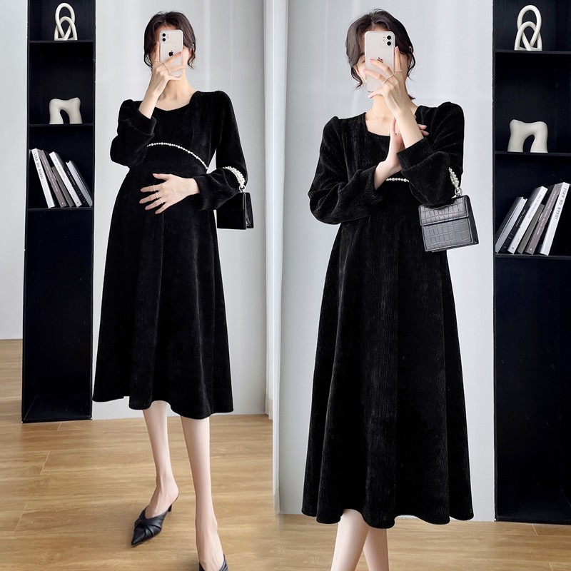 Spring Women Corduroy Pregnancy Women Dress Long Sleeve Maternity Long Dress Chic Ins Elegant A-Line Slim Clothes for Pregnant Women