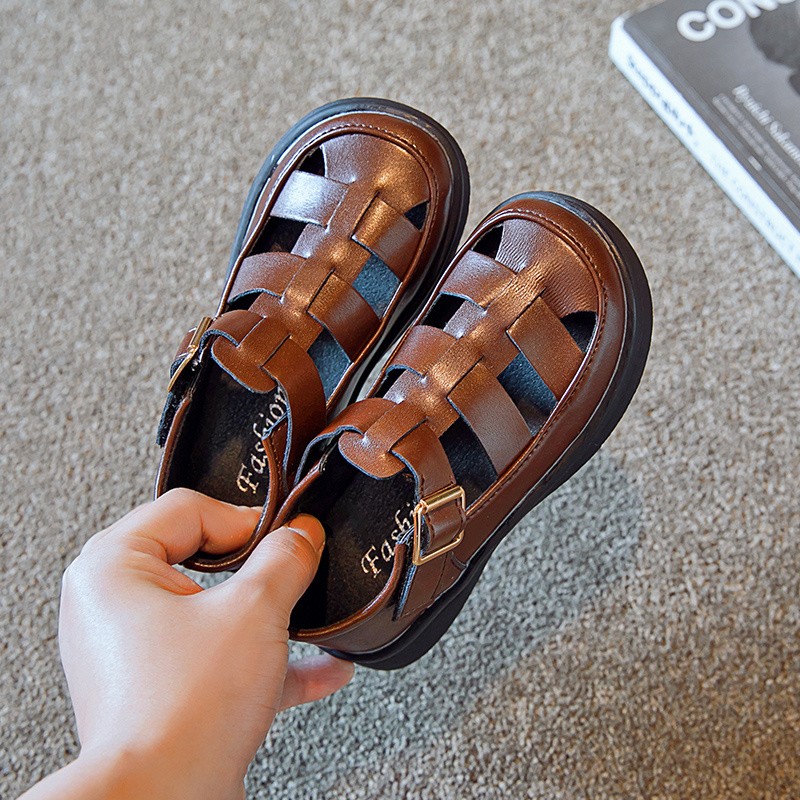 Children's leather shoes hollow buckle fashion girls school shoes thick bottom 26-36 spring summer British children's flat shoes