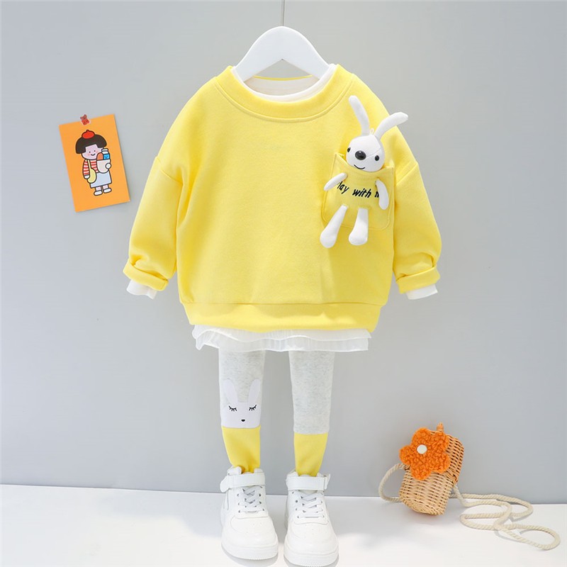 Baby Girls Clothing Sets Kids Casual Clothes Lace Cartoon Rabbit T Shirt Pants Toddler Infant Children Vacation Costume