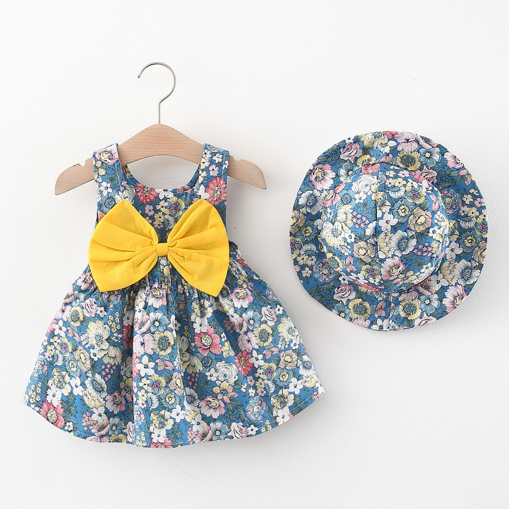 Baby Girls Dresses Vintage Floral Print Bow Princess Dress with Hat 2022 Summer Children 0-2 Years Kids Dress Girls Clothes