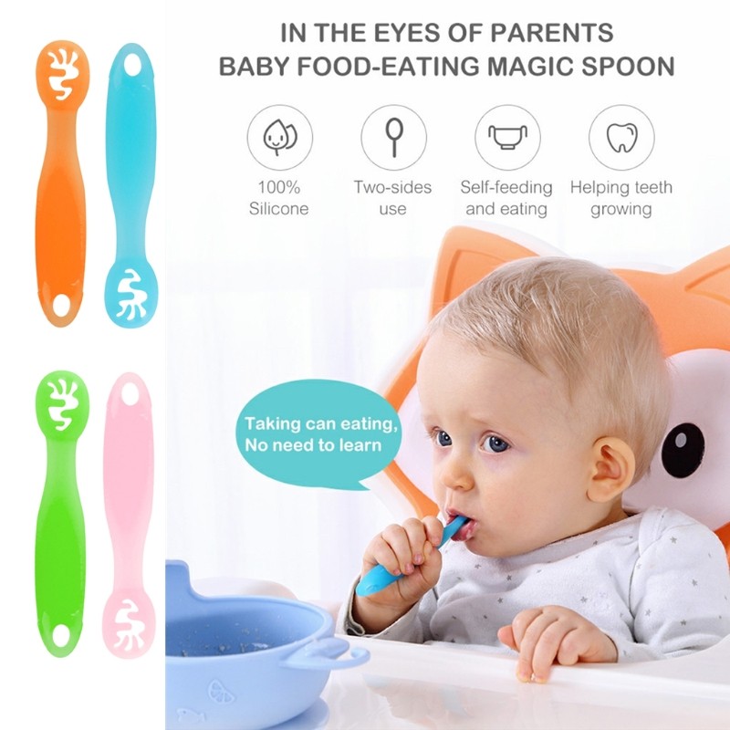 2pcs Lovely Baby Learning Spoon Set Baby Toddler Anti-slip Feeding Training Utensils Tableware Silicone Teether