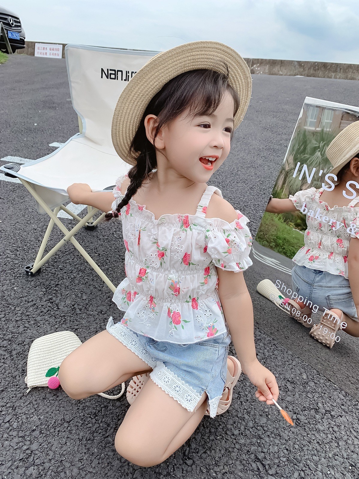 2pcs/set Kids Girl Clothes Sweet Little Flower Top Outer Clothes Lace Denim Shorts Fashion Causal Summer Princess Clothing Suit