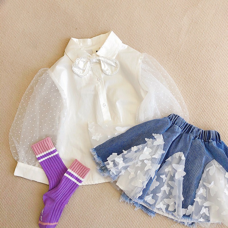 2pcs/set Kids Girl Clothes French Shirt Three-dimensional Butterfly Denim Skirt Fashion Casual Summer Children Clothing Suit