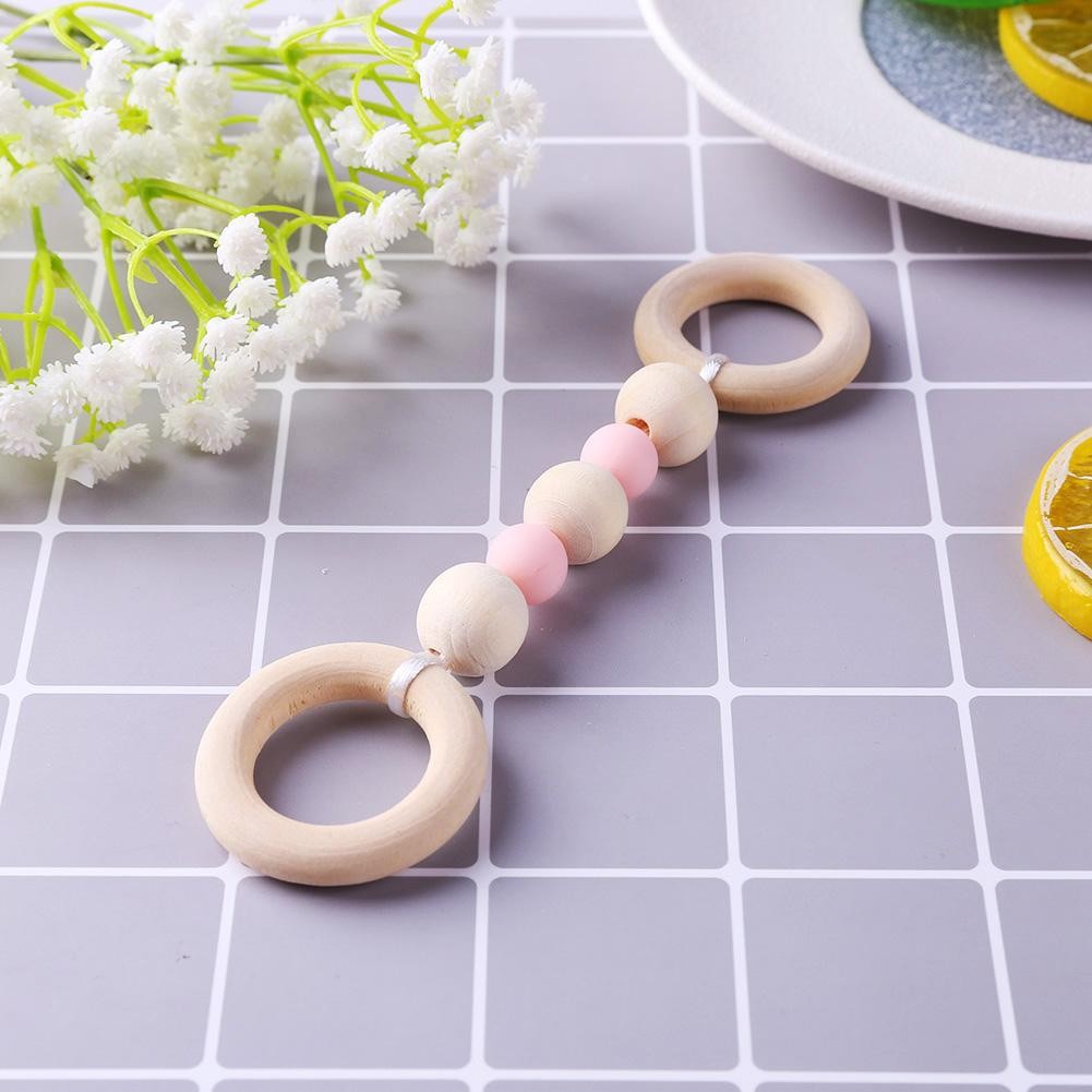 Wooden Baby Teether Ring Chain Newborn Infant Organic Wood Silicone Beads Nursing Teething Chew Toys Baby Teether Gift