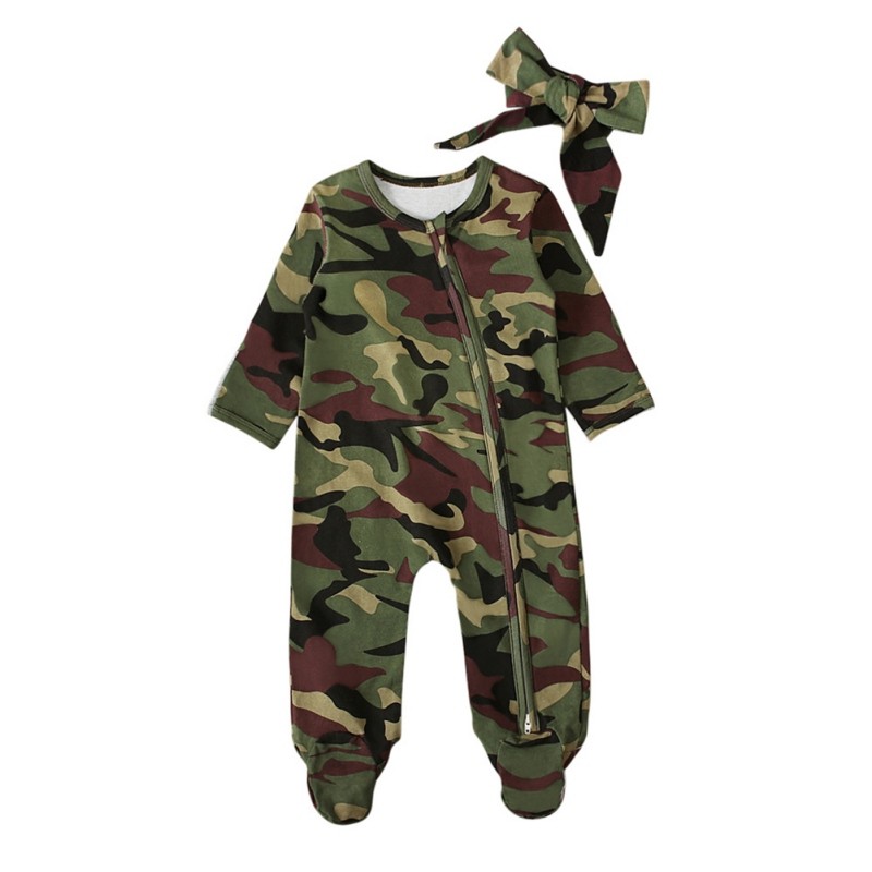 2pcs Infant Toddlers Baby Boys Long Sleeve Camouflage One-Piece Romper + Bow Tie Headband Baby Clothing Fittings 0-9M