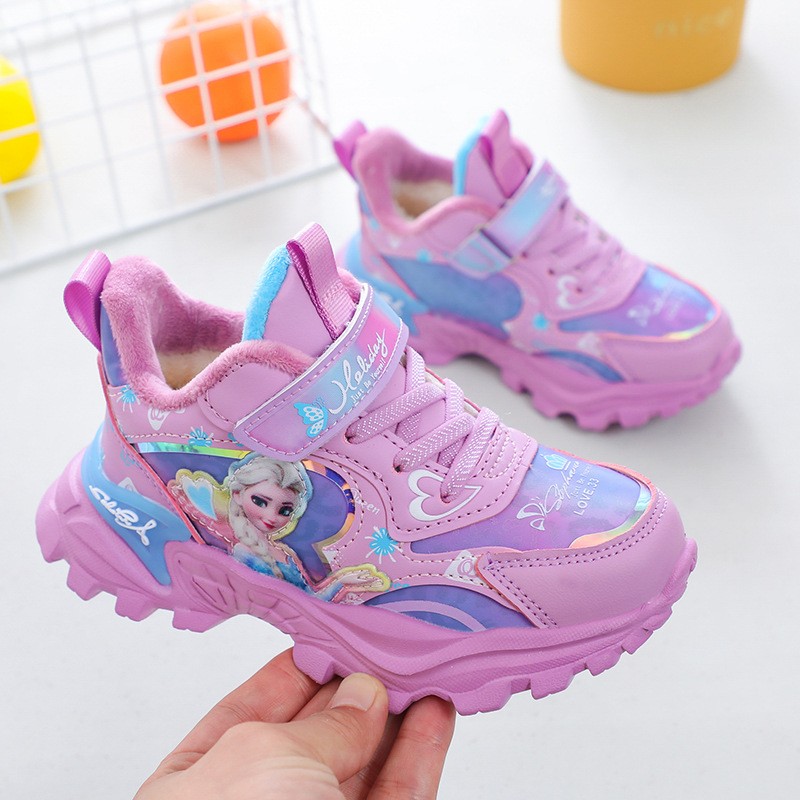 Disney girls' cotton sports shoes for children plus velvet warm Elsa princess students winter new children's running shoes