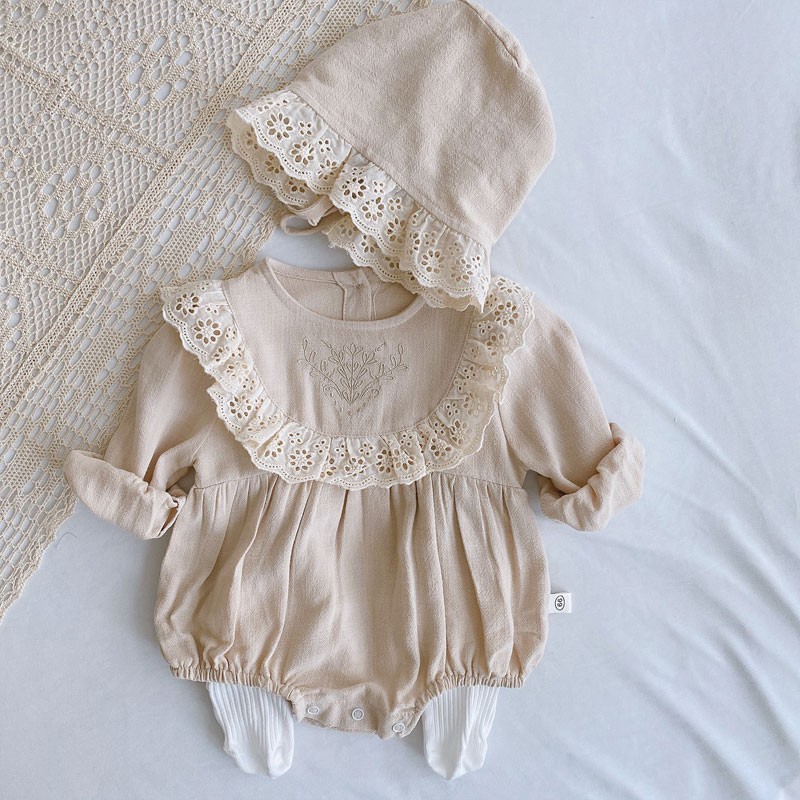 Spring Girls Jumpsuit+Hat Girls Clothes Princess Lace Long Sleeve Clothes Newborn Cotton Clothes 3-24 Months