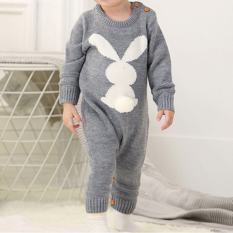 0-24M Newborn Cute Knitted Bunny Tail Patchwork Romper for Baby Boys Girls Weave Long Sleeve Jumpsuit Outfits Clothes