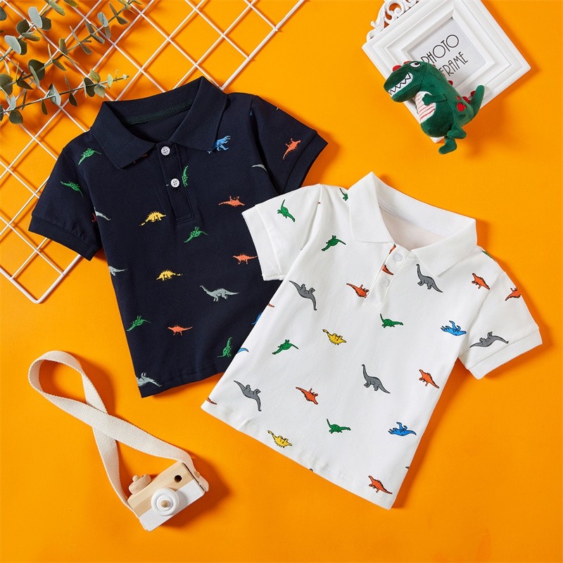 Summer Children Boys Clothes Tops Kids Label T-shirt Cartoon Dinosaur Print Short Sleeve Polo Shirt 2-7Y