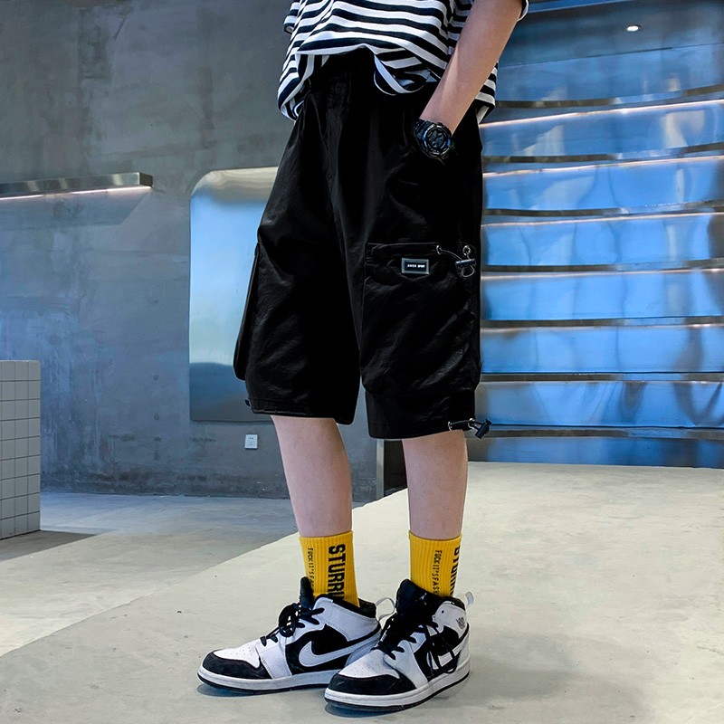 Boys Casual Loose Pants Chic Pockets Patchwork Cargo Knee Length Short Pants Fashion Running Elastic Waist All-match Streetwear