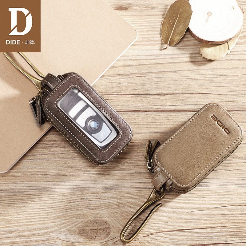 DIDE Vintage Car Genuine Leather Mini Key Bag Coin Purse Wallets Men Women Keys Organizer Keychain Double Zipper Key Cover