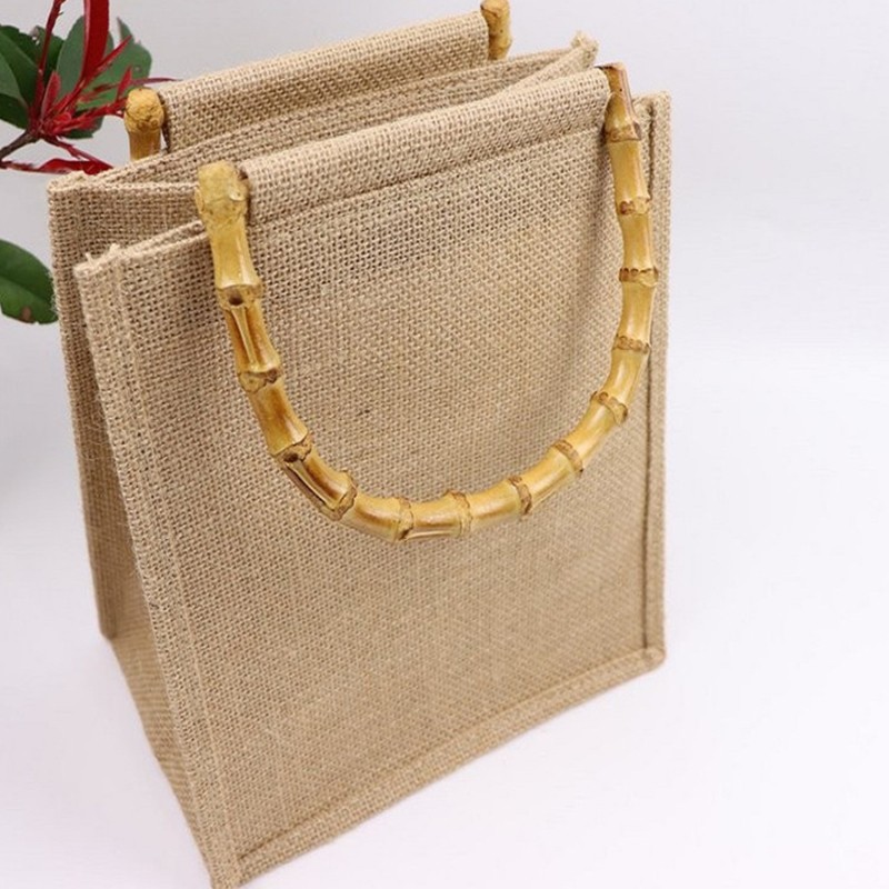 Portable Burlap Shopping Bag Jute Handbag Bamboo Ring Retro Carry Handles DIY Handbag Women Large Size Beach Bag for Girls