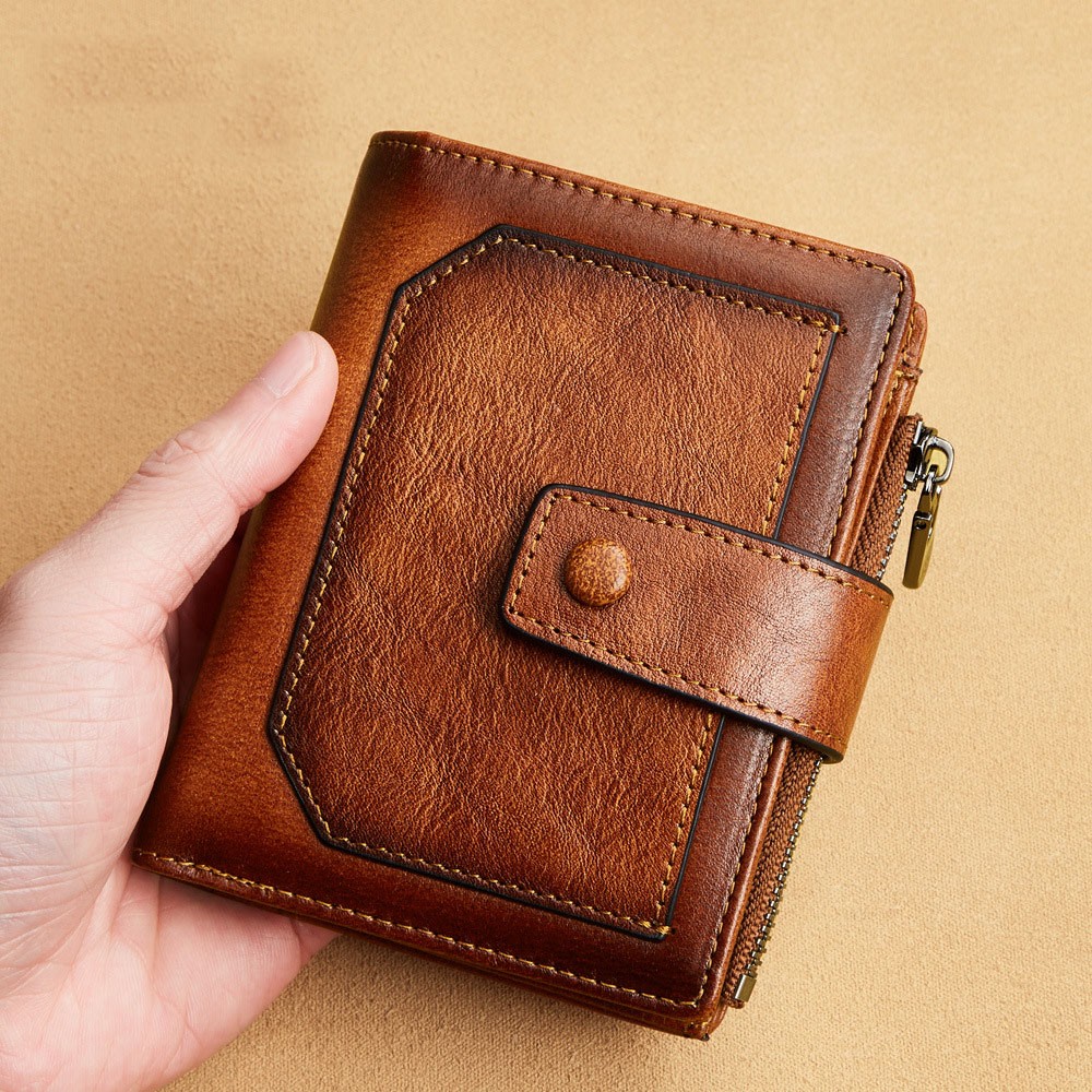 Vintage Men's Genuine Leather Wallet RFID Blocking Trifold Short Multifunction Money Clip Large Capacity Zipper Coin Purse