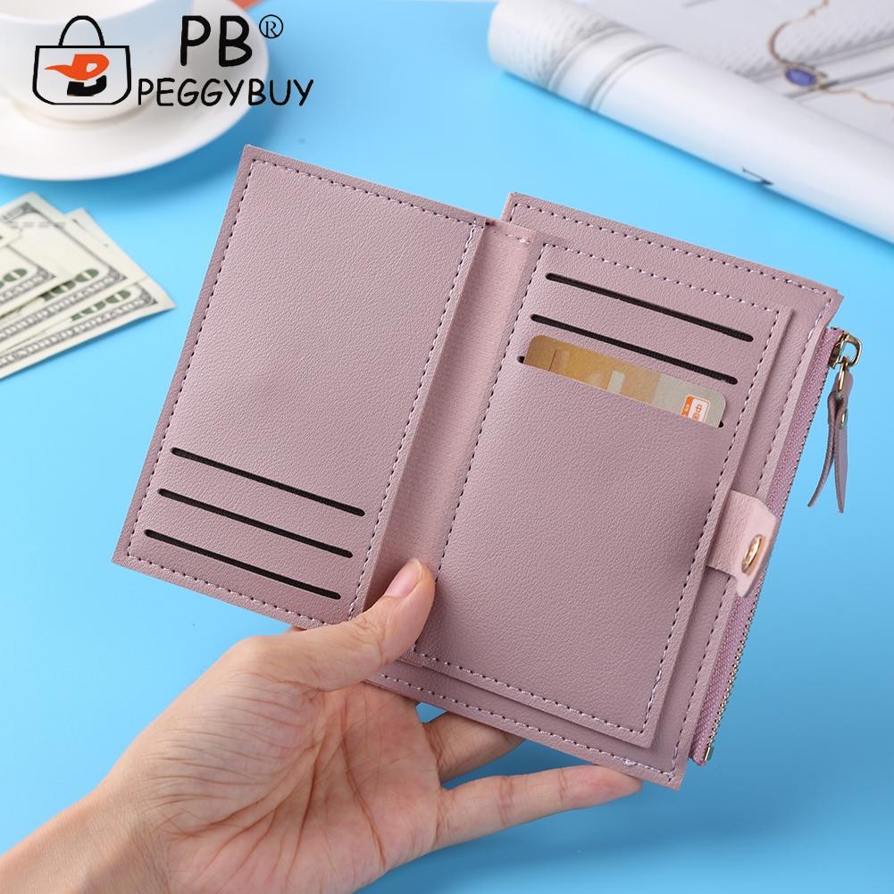 Fashion Women Solid Color Multi Slot Credit Card Holder Portable PU Leather Mini Coin Purse Multifunction Zipper Wallet