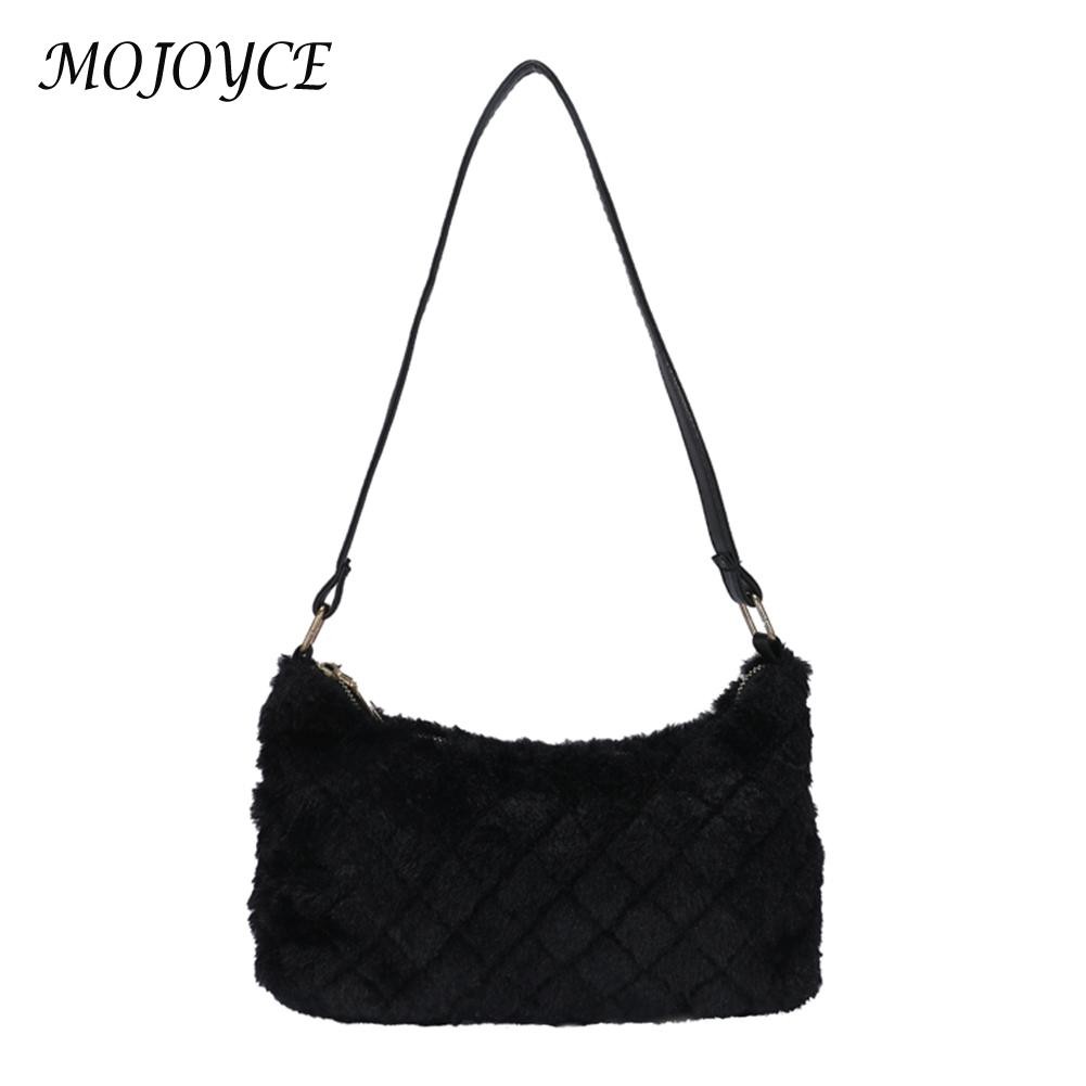 Vintage Shoulder Bag Women Plush Faux Fur Warm Diamond Lattice Underarm Clutch Bag Purse Handbag for Shopping Travel