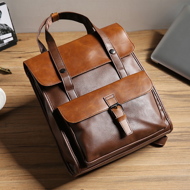 Leather Backpack Vintage Laptop Bag for Women Men Black College School Bookbag Weekend Travel Practical Bag