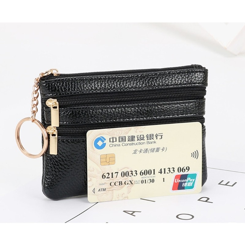 Women PU Leather Mini Coin Purse Three Zippers Card Key Holder Money Bag Female Girls Solid Color Mini Clutch With Keyring