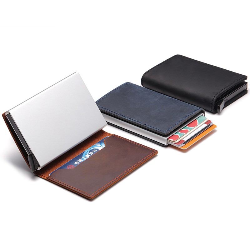 DIENQI - Genuine Leather Rfid Card Holder for Men and Women, Metal Credit Card Case