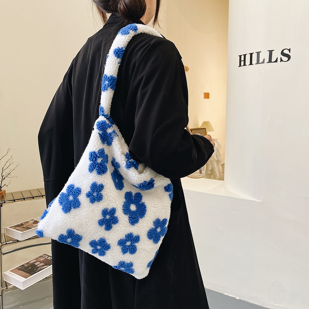 Trend plush women bag flower print elegant designer shoulder shopper bag female autumn and winter large capacity tote handbags