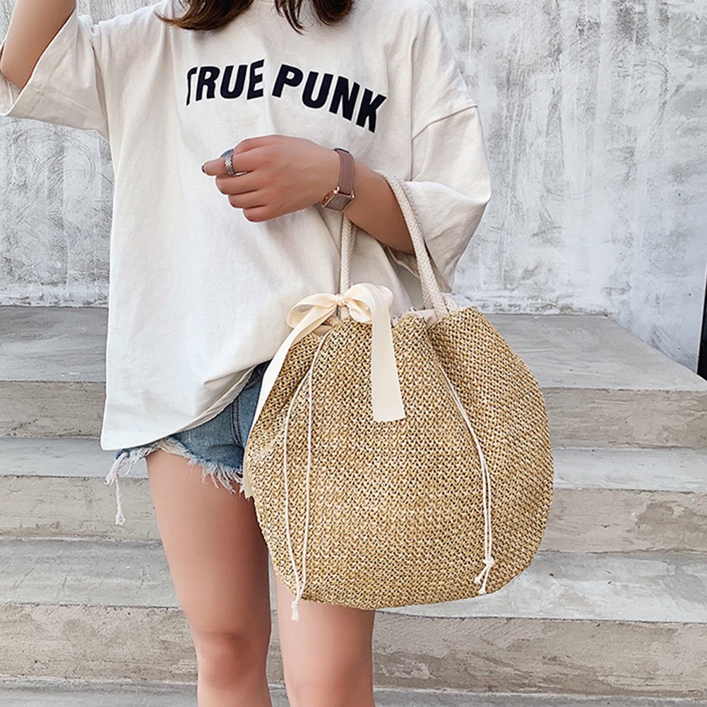 Women's handmade woven straw bag shoulder bag with bow large capacity rattan handle bag female summer beach casual handbag