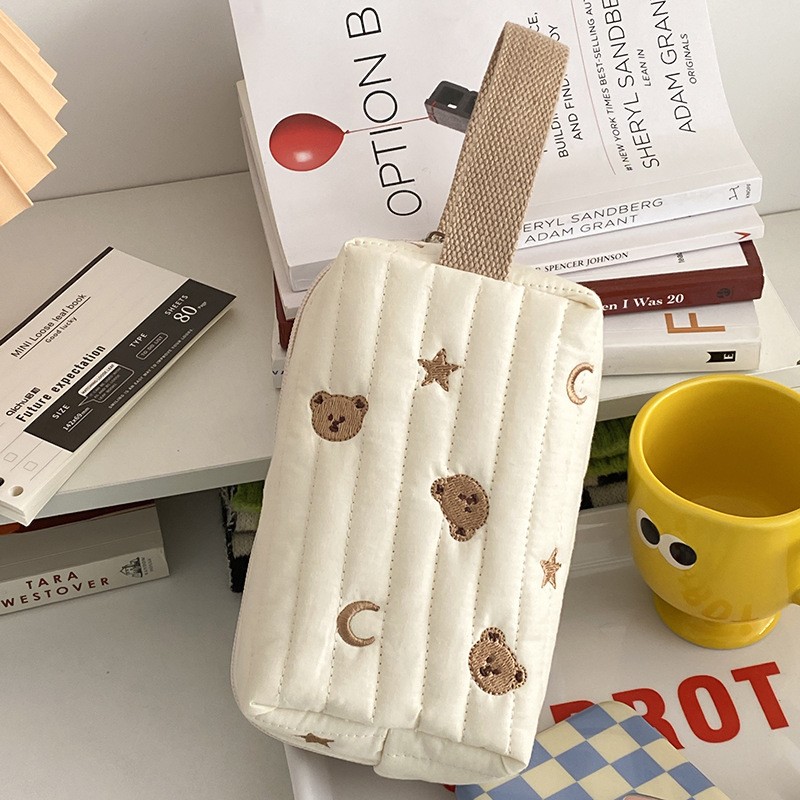 Embroidery Bear Makeup Bag Padded Women Zipper Cosmetic Organizer Bag Cute Cotton Wrist Make Up Pouch Portable Toiletry