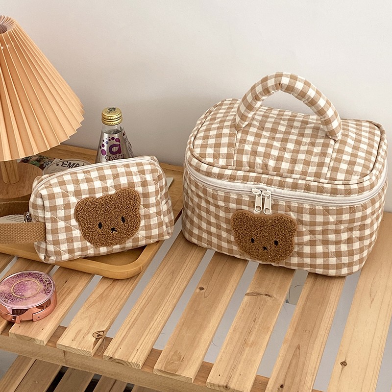 Cute Khaki Bear Makeup Bag Large Capacity Portable Cosmetic Bags Zipper Pure Cotton Plaid Brushes Pouch Case For Women Girls