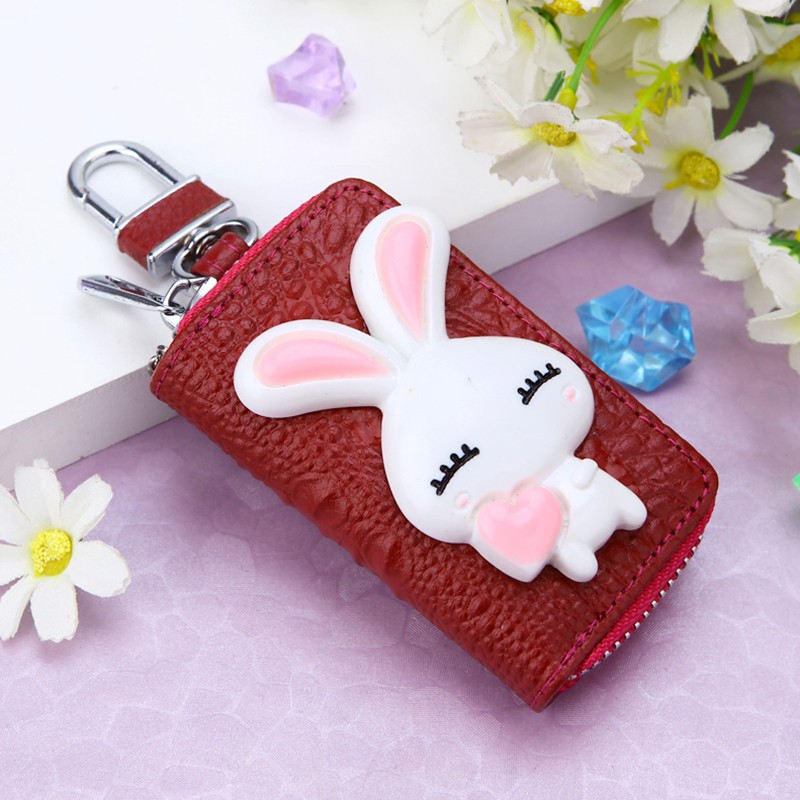 2022 New Korean Key Holder Cowhide Women Housekeeper Key Wallet Cartoon Rabbit Creative Gift Key Organizer Car Key Bag