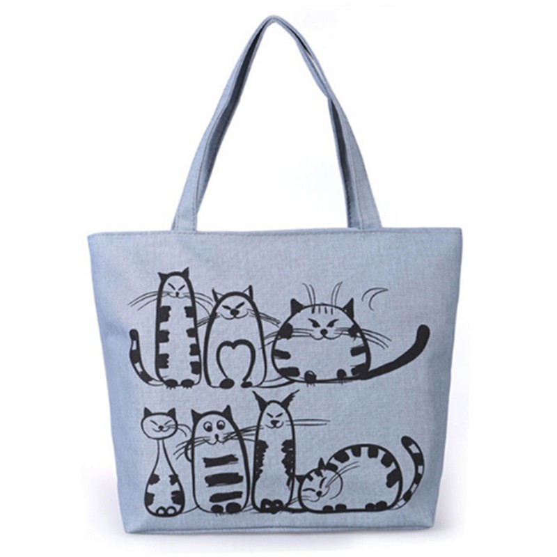 Women's Shopping Bag Cat Cartoon Printed Shoulder Bag Women Large Capacity Canvas Beach Bag Tote Ladies Shopping Bags