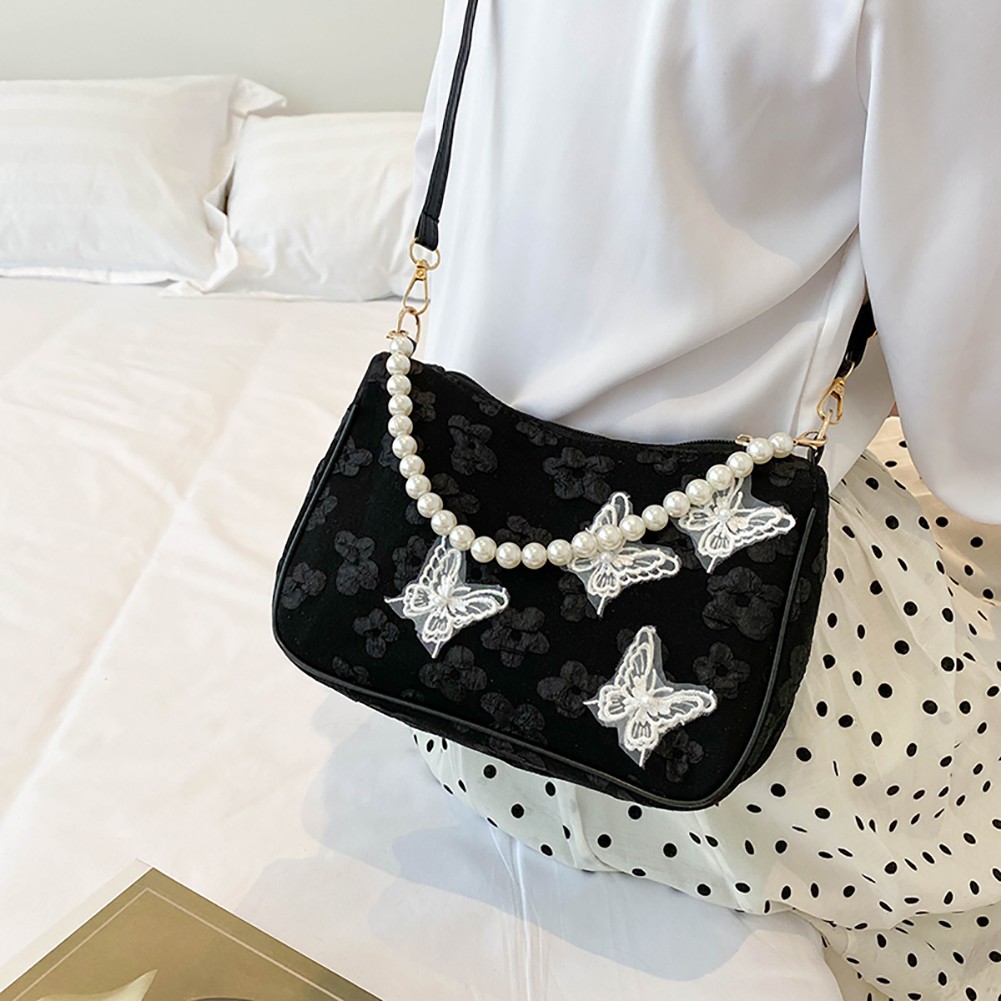 Summer Vintage Small Butterfly Printed Women Handbags Pearl Chain Handbags Elegant Women's Armpit Handbags Luxury Bags