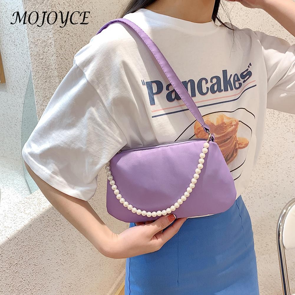 Women Nylon Underarm Shoulder Bags Solid Color Pearl Small Bags Clutch Fashion Simple Design Shoulder Bag Underarm Bags For Women