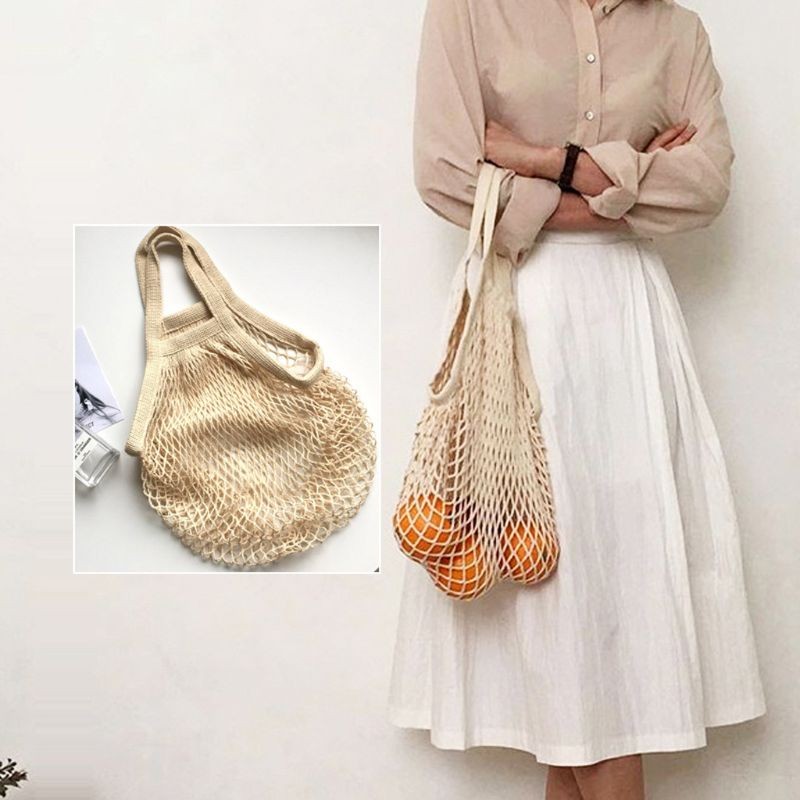 7pcs Organic Cotton Mesh Shopping Bag Gauze Net Bag With Drawstring Reusable Shopping Tote Food Storage Grocery Shoulder Bag