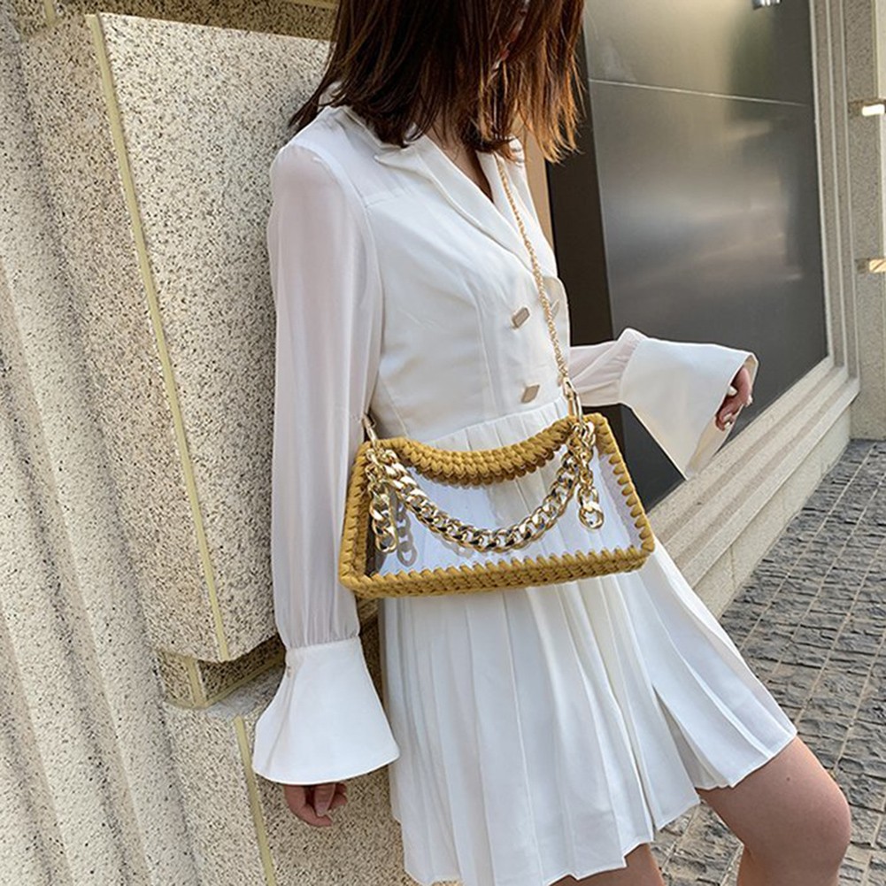 Women Hand Woven Bags Summer Clear Waterproof Chain Shoulder Crossbody Bag Female Trend Transparent Handbags Messenger Bag