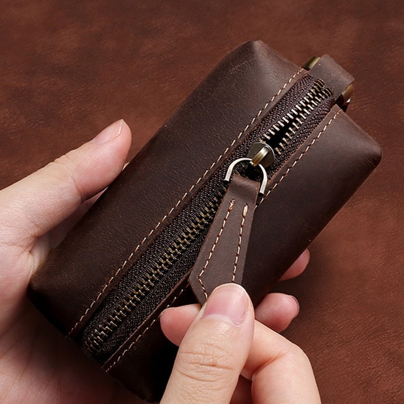 Men Crazy Horse Genuine Leather Key Wallet Coin Card Holder Money Bag With Keyring Zipper Pocket Car Mini Key Holder Purse