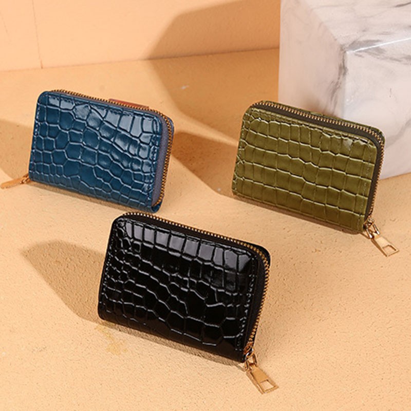 Solid Crocodile Pattern Women Card Holder PU Leather Credit Card Holder Zipper Business Card Pocket Unisex Travel Wallet