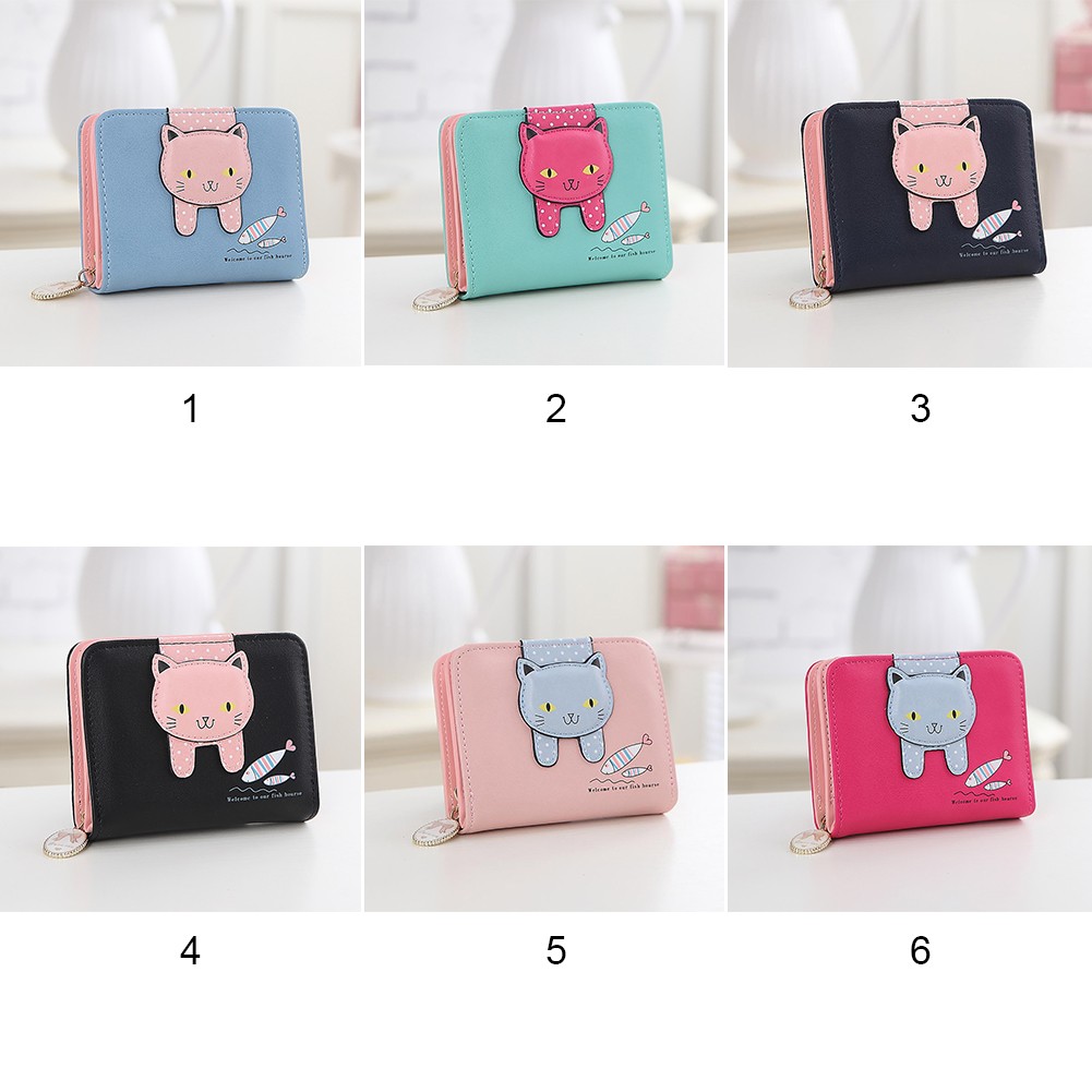 Card Portable Hasp Coin Zipper Closure Gift Cute Cat Money Folding Short PU Leather Cartoon Women Wallet