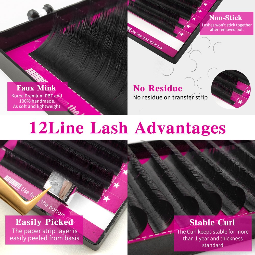 Abonnie JBCD Curl Individual Lashes Black Mink False Eyelashes Premium Volume Lashes Cilios Fake 12 Rows Each Size 8-17mm