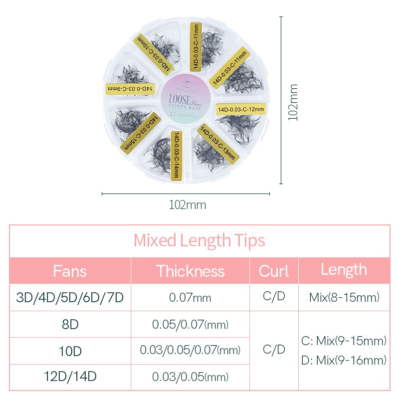 Pre-made Russian volume fan mixed length eyelash extension sharp tapered stem pre-made lashes extension thin root 3d/14d