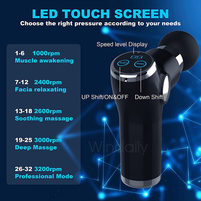 Mini LCD Massage Gun 32 Speed ​​Touch Screen Deep Tissue Percussion Muscle Massager Mini Fascial Gun Pain Relief Body Massage