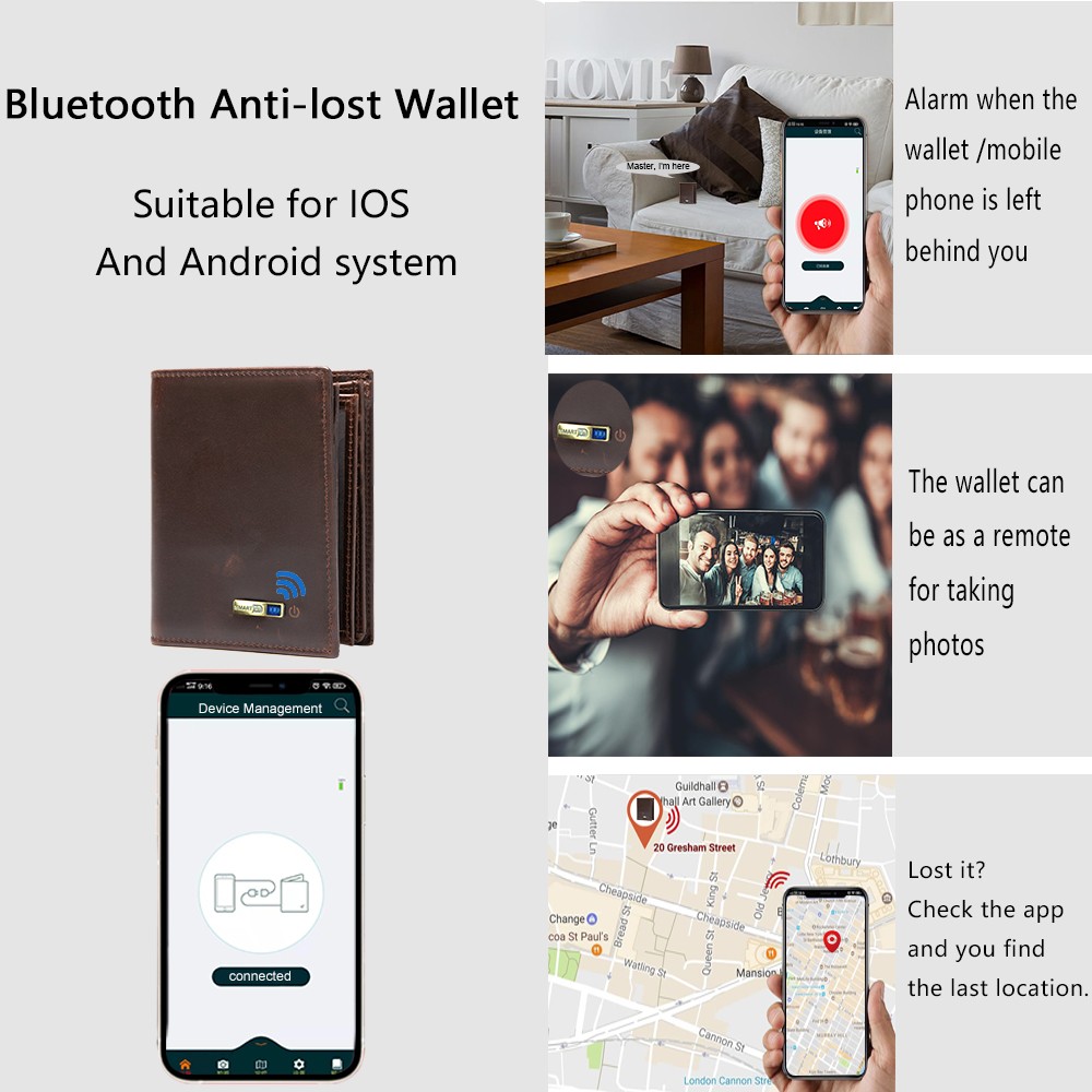 Smart Bluetooth Wallet Men's Genuine Leather Short Wallet Leisure Multifunction Card Holder Package Luxury Business Wallet