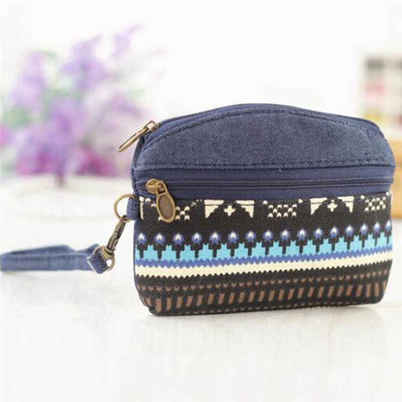 Women Ethnic Cotton Fabric Coin Purse Clutch Card Key Holder Children Kids Wallet Double Zipper Coin Purse porte monnaie femme