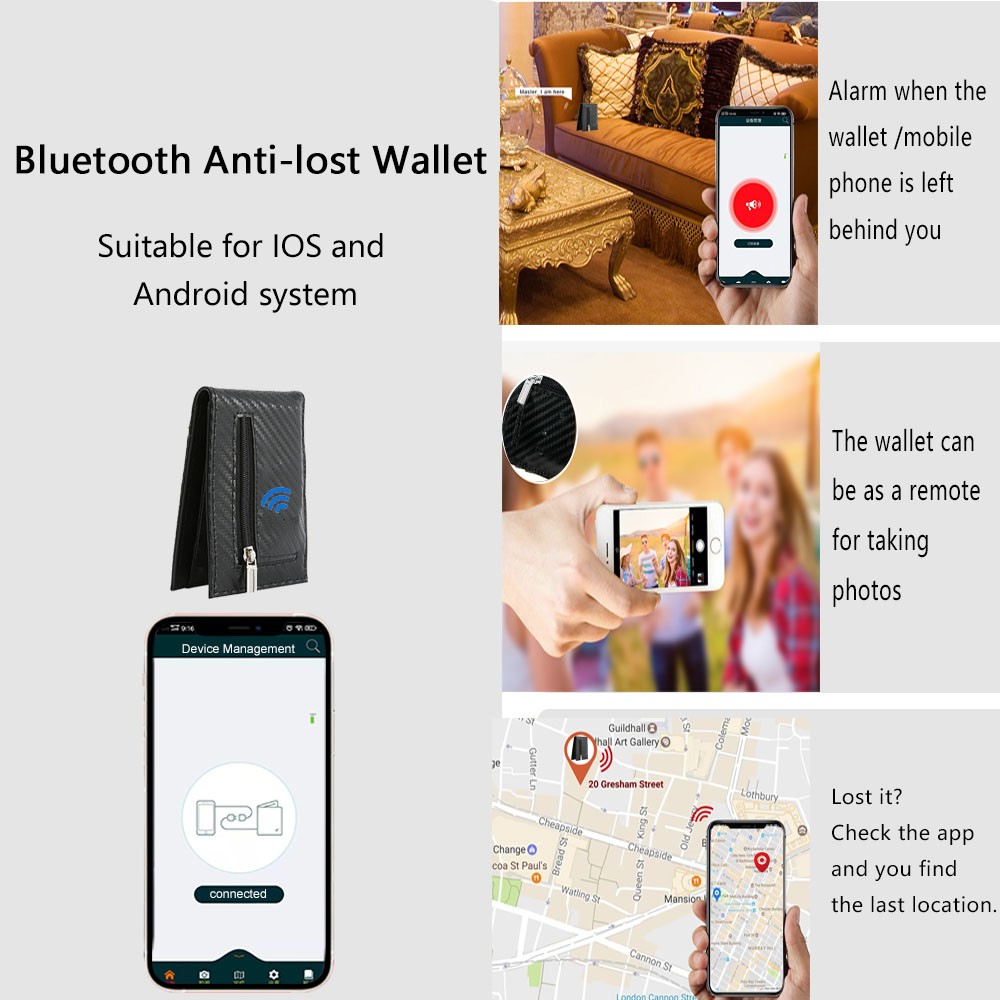 Smart Bluetooth Wallet Money Clip RFID Blocking Genuine Leather Women and Men Wallet Card Holder Small Thin Wallet