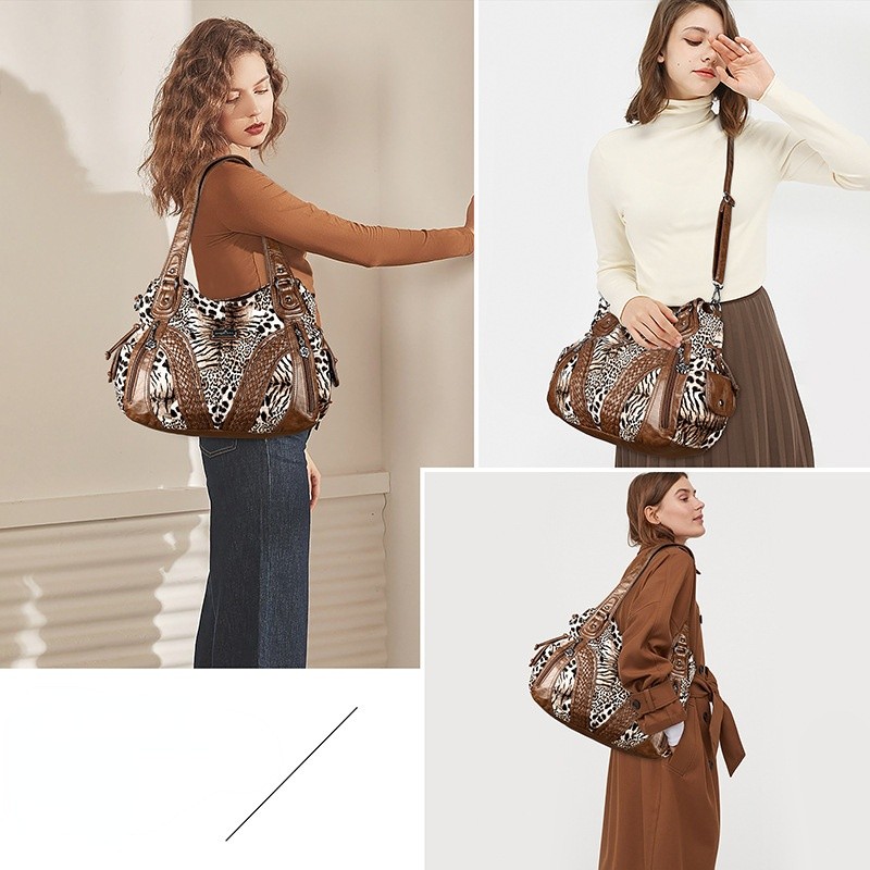 Fashion Retro Leopard Hobos Women Handbag Casual Soft PU Waterproof Large Capacity Zipper Crossbody Shoulder Bag For Female