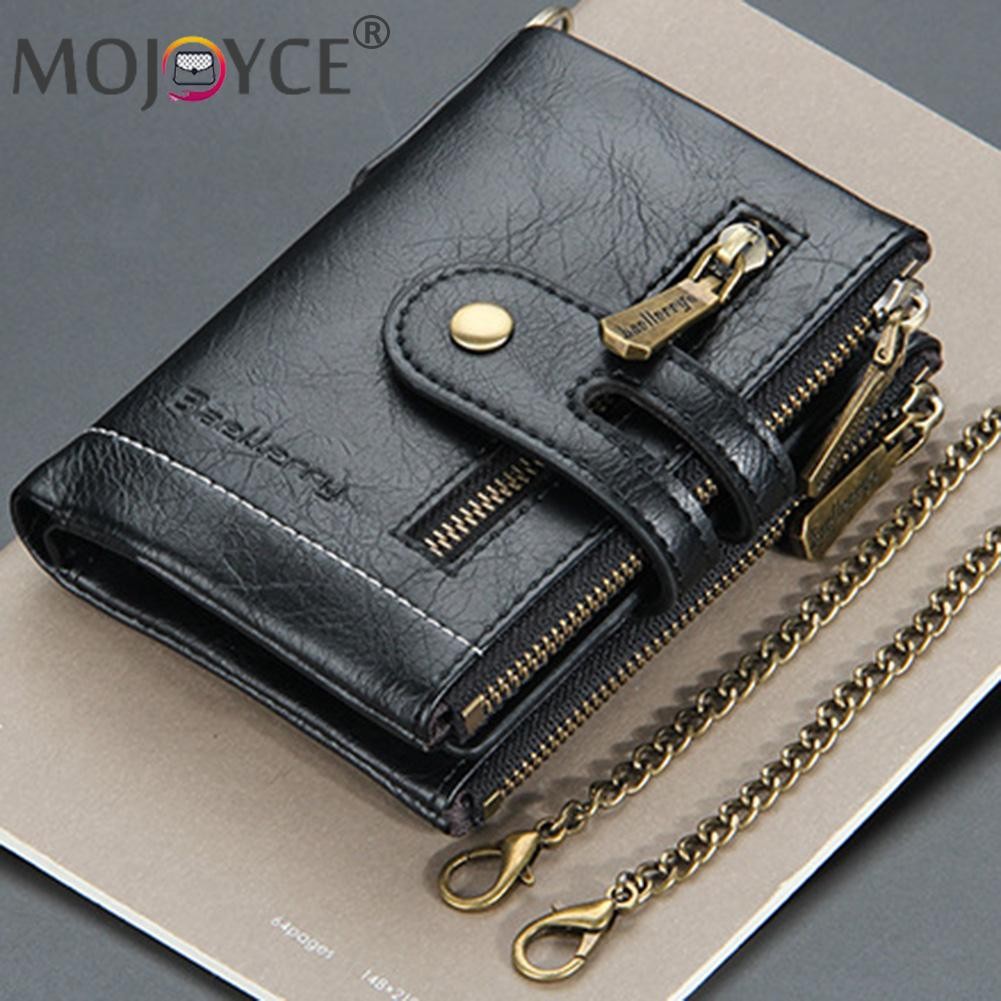 Retro Men Double Zipper Portable Mini Wallet Multi Slot Card Holder Small Wallet With Chain Fashion Solid Color PU Leather Burse