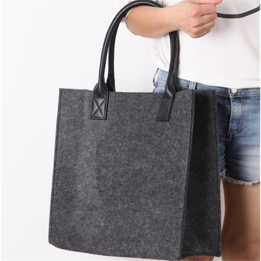 100pcs/lot Ladies Simple Fashionable Felt Shopping Tote Bag With Solid Leather Handles Leisure Wool Bags With Custom Label