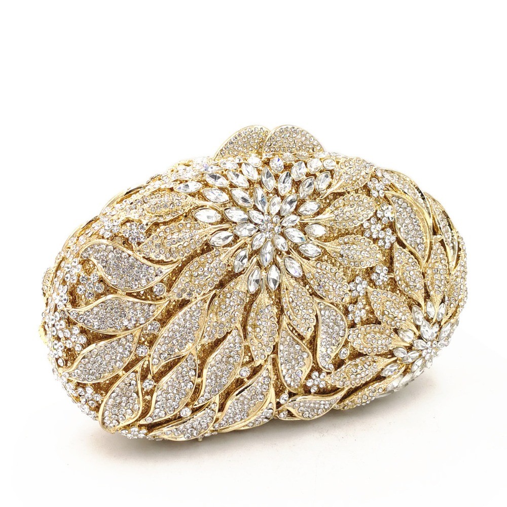 Gold Metal Leaves White Crystals Evening Bags Luxury Women Wedding Party Purse Ball Bag Rhinestone Mini Minaudio Ere