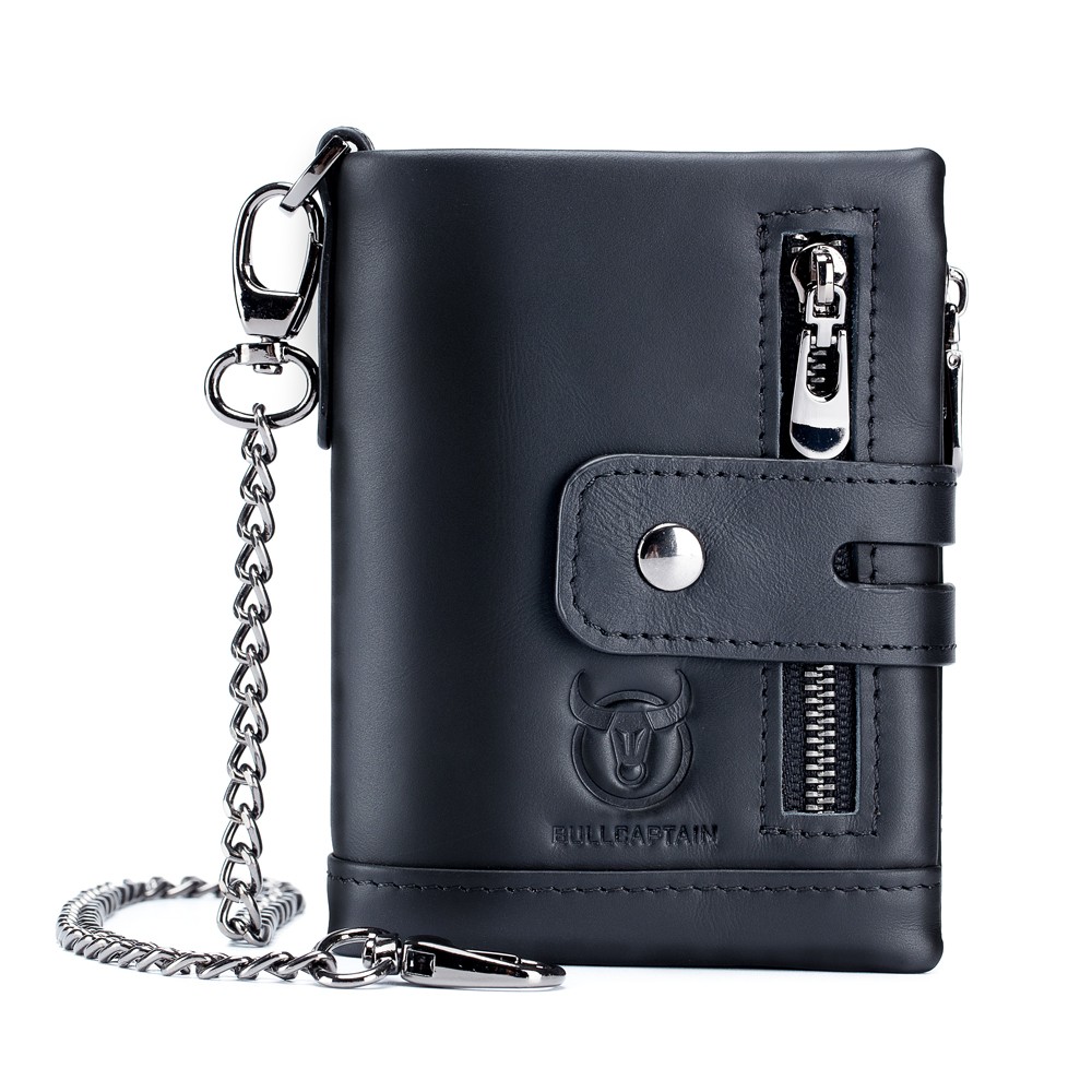 New Genuine Leather Men Wallet Brand Double Zipper Man Wallet Vintage Cowhide Male Card Coin Bag With Iron Chain