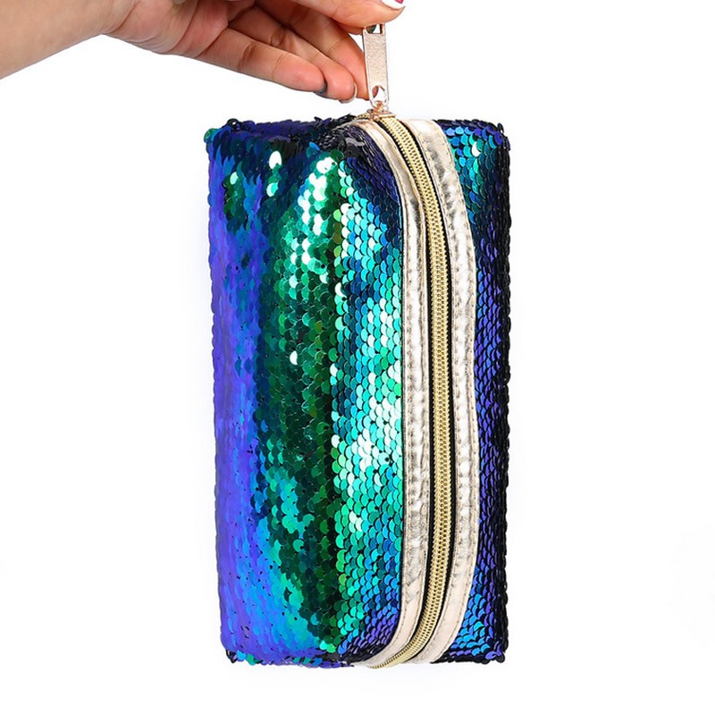 Small Embroidery Cosmetic Bag Women Girls Portable Makeup Bag with Shiny Sequins Travel Organizer Zipper Box