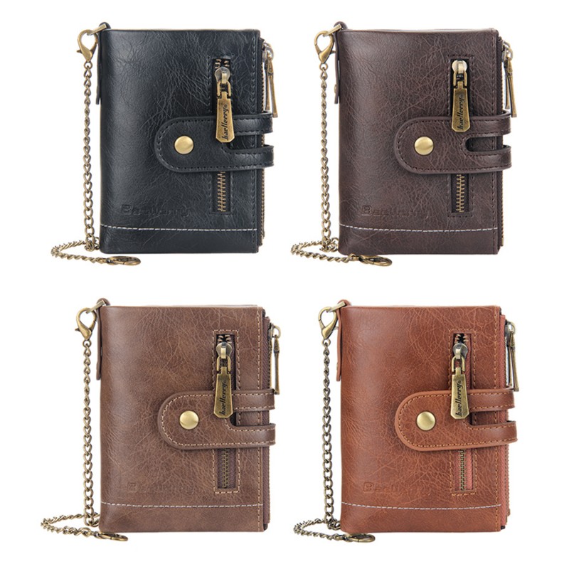 High Quality Men's Wallet PU Leather Short Male Wallet Multi-Card Male Wallet Zipper Pouch Retro Three Fold Chain Money Bag