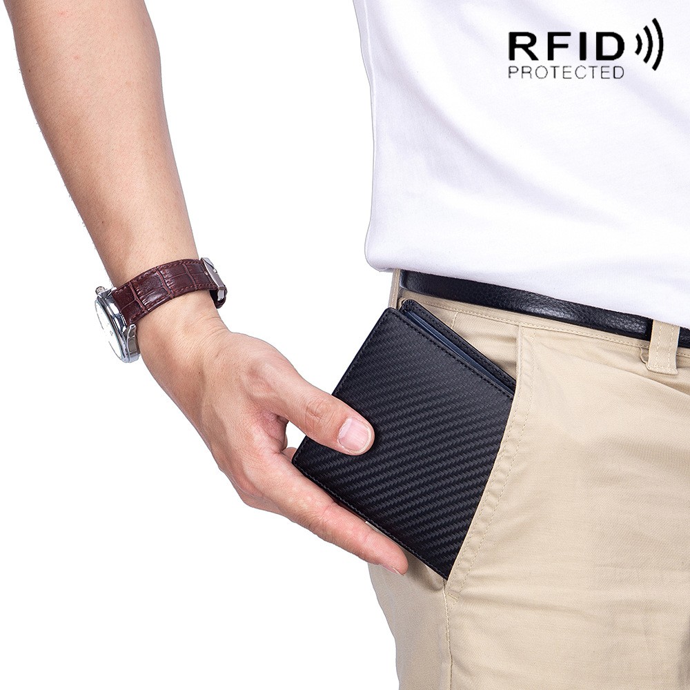 Rfid-محفظة من الجلد الطبيعي وألياف الكربون للرجال ، محفظة رجالية من الجلد الطبيعي مع حامل بطاقات ، محفظة صغيرة ، محفظة سوداء