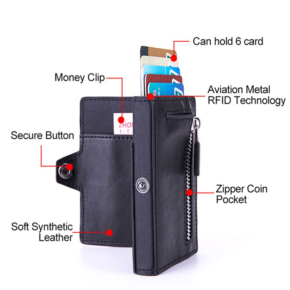 Cizicoco - Rfid Carbon Fiber Leather Card Holder for Men Anti-Metal Carbon Leather Card Holder Simple Steel Pocket Wallet